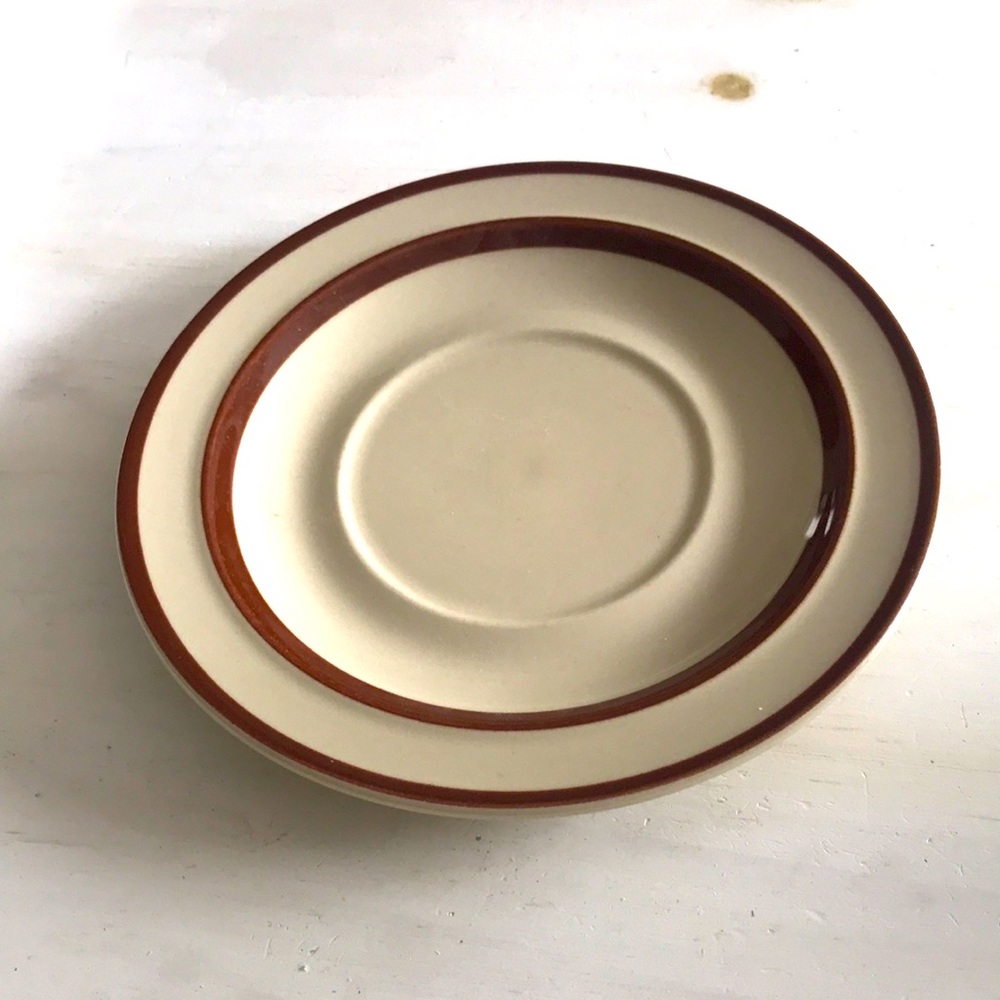 Vintage Beige Stoneware Saucer with Brown Trim